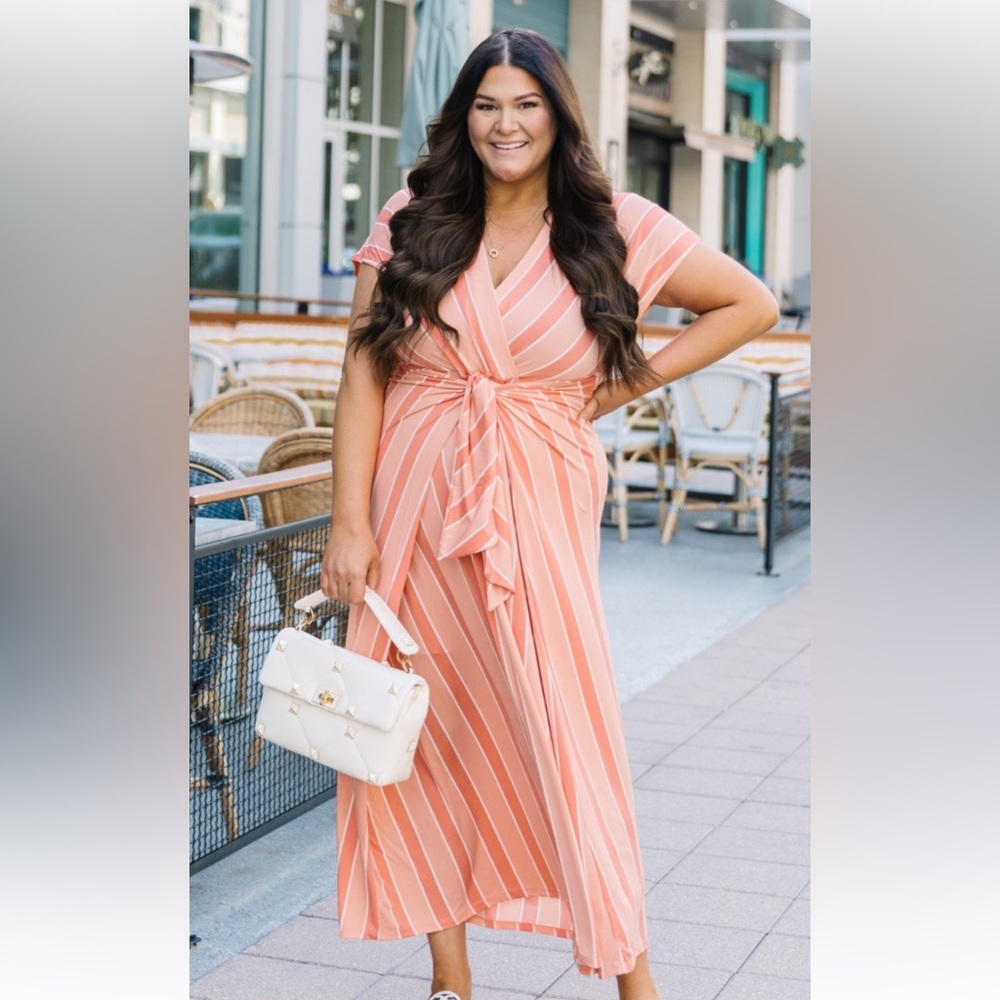 ELOQUII ELEMENTS PEACH & WHITE STRIPED WRAP FRONT TIE SASH MAXI DRESS SZ 22/24